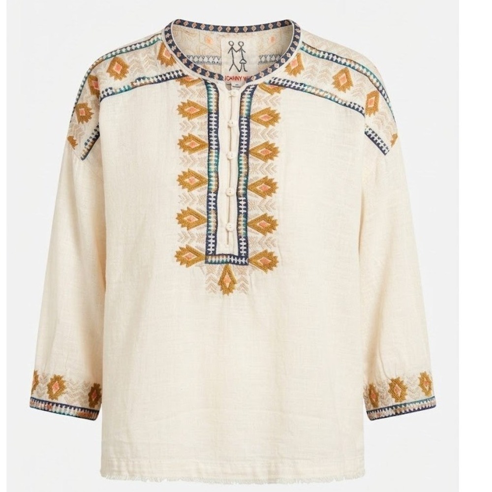 Johnny Was Cream Cotton Gauze Embroidered Henley Top Shirt Large NOTES - AC